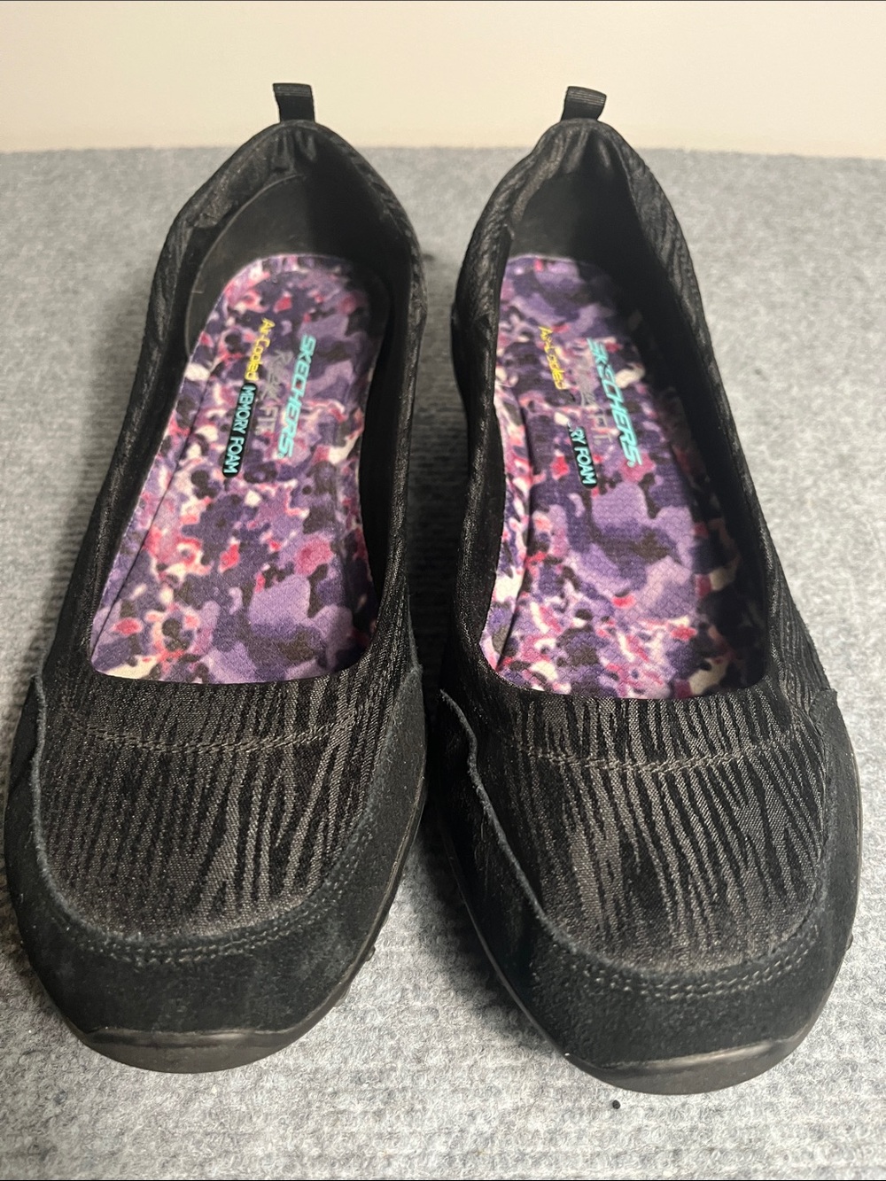 Skechers Black Slip-On Ballet Flats with Patterned Purple Insole